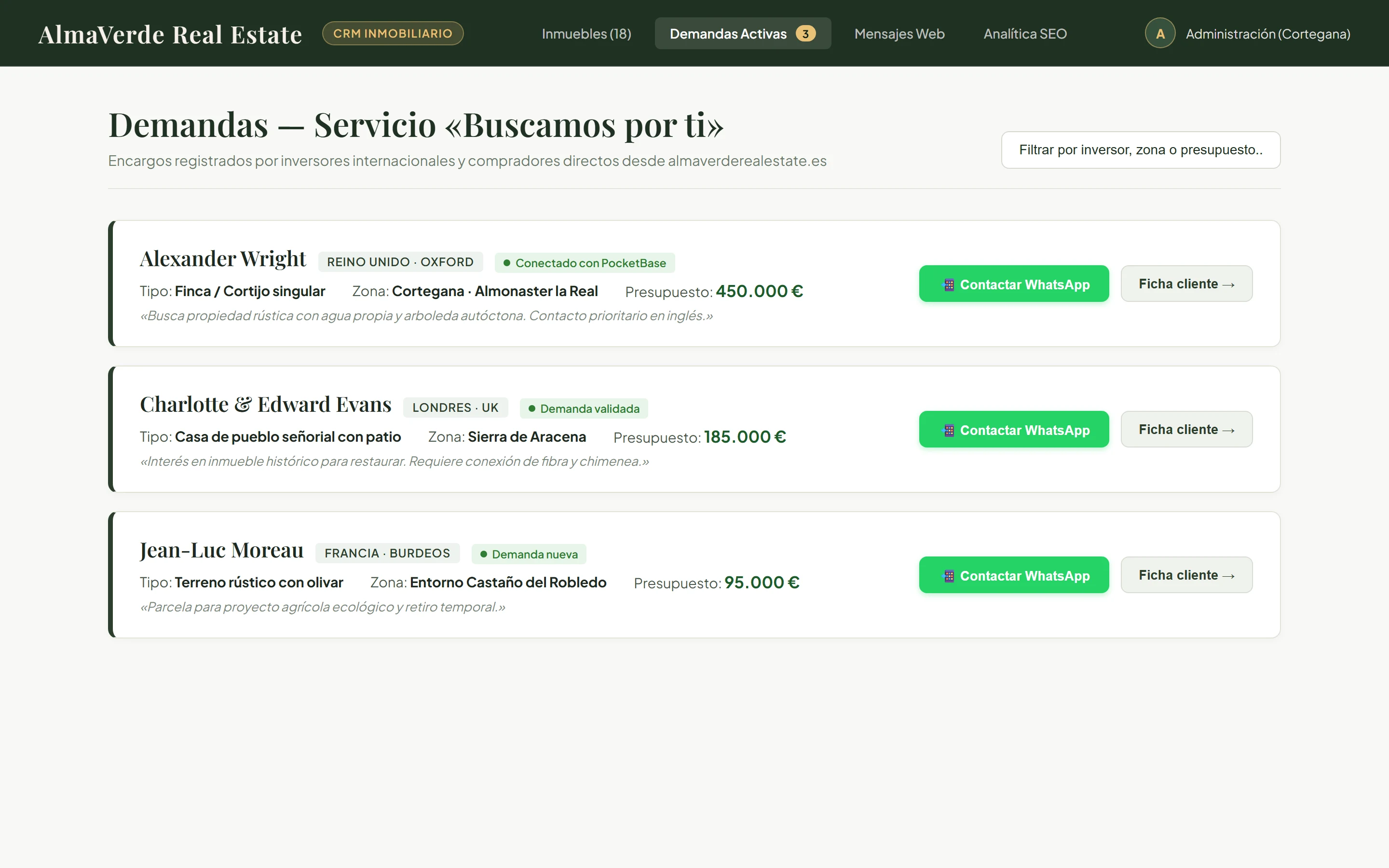 Panel de control de AlmaVerde para gestión integral de fincas, blog y demandas