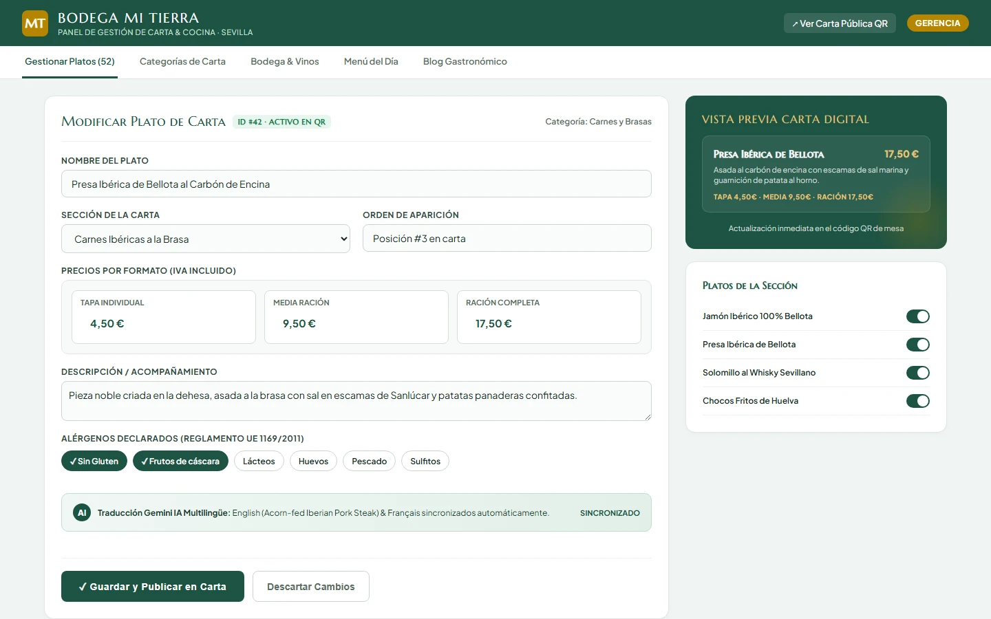 Panel de administración de Bodega Mi Tierra para gestionar platos, precios y alérgenos de la carta