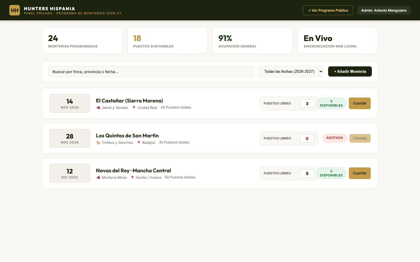 Panel de gestión de monterías y fechas en tiempo real de Hunters Hispania