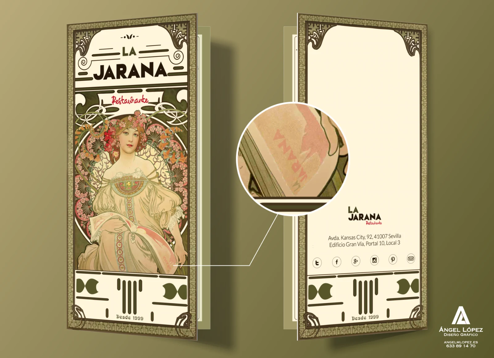 Diseño de carta gastronómica para restaurante La Jarana inspirada en el Art Déco de los años 20