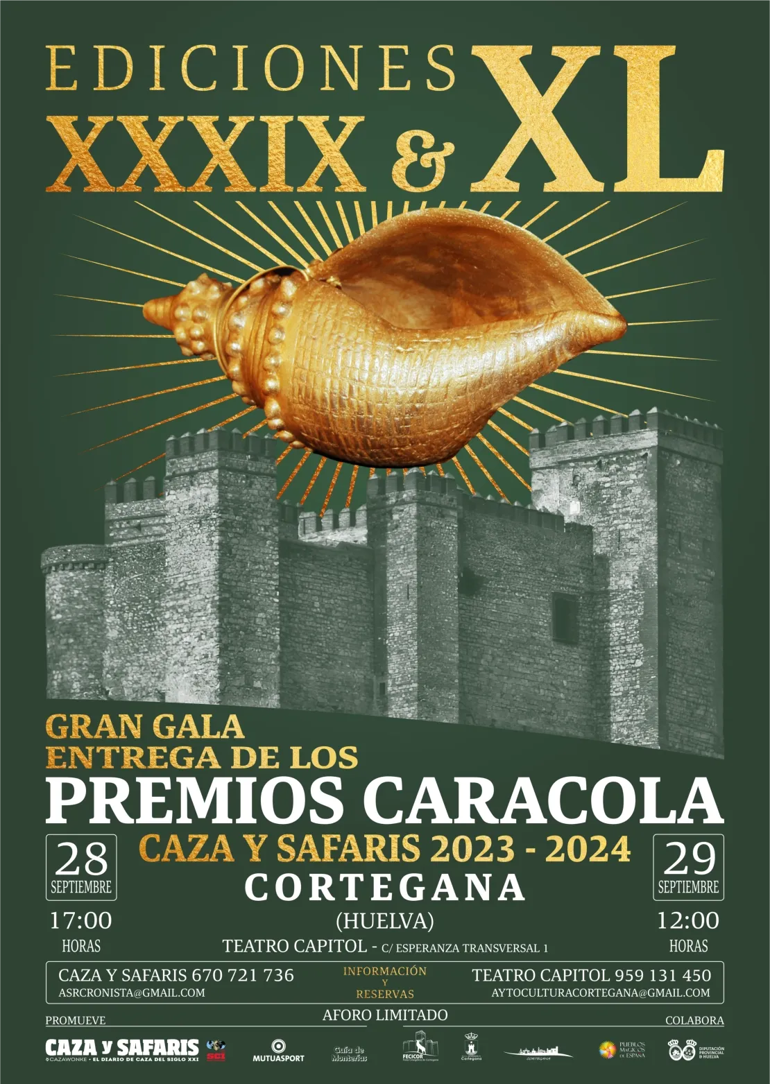 Cartel de la Gran Gala Premios Caracola en Cortegana para Caza y Safaris